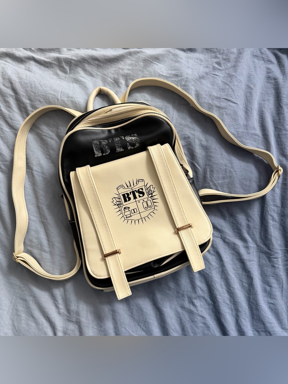 BTS K-Pop Mini Backpack Faux Leather Bulletproof Vest Logo Black Cream